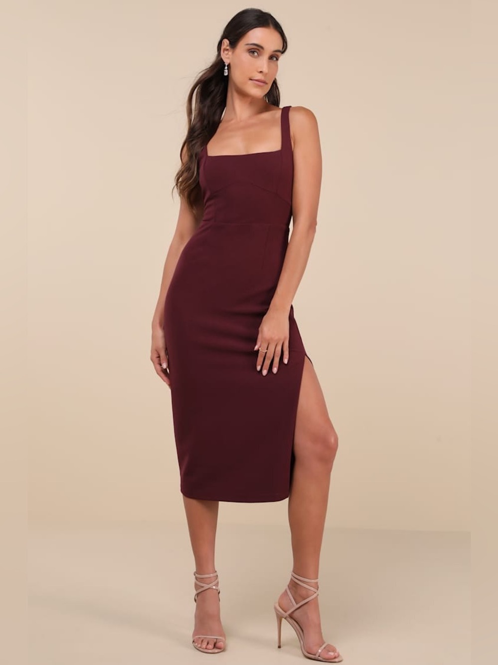 Lulus Vibrant Allure Plum Square Neck Sleeveless Bodycon Midi Dress New with Tag